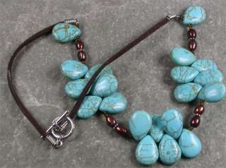 TURQUOISE & FRESH WATER PEARLS LEATHER CORD NECKLACE  