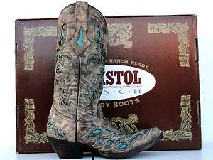Resistol Ranch Womens Desert Plato Calf /Turqoise Inlays Cowgirl Boots 