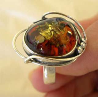 BALTIC HONEY AMBER & STERLING SILVER LILY or FLOWER HANDMADE RING Sz 8 