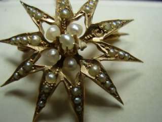 Victorian 10K Rose Gold Starburst Pin with Seed Pearls  