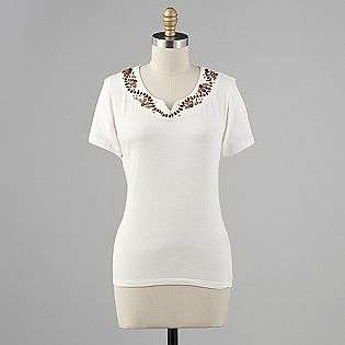   Notched Beaded T shirt  Sporte Elle Inc. Clothing Womens Tops
