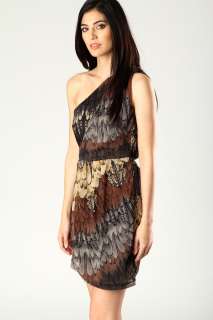 Lorraine Feather Print One Shoulder Wrap Over Dress at boohoo
