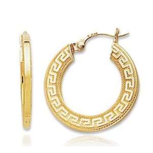  14k Yellow Gold Fine Greek Pattern Carved Hoop Earrings Jewelry