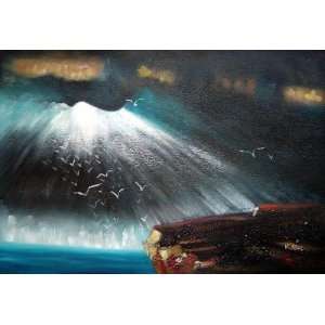 Seagulls Flying around Rock Oil Painting 24 x 36 inches:  