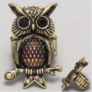  Womens Owl Ring, Gold & Brown, Stretchable, Size  1 W, 1 