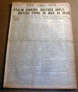 1953 newspapers JOSEPH STALIN DEAD Russian Dictator has STROKE   Big 