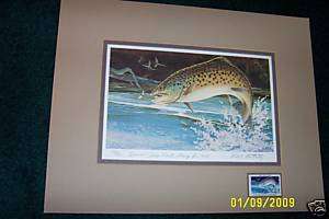 1978 Iowa Trout Fish Alsbury Print signed w/stamp BW  