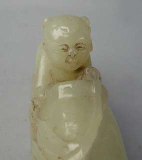 Old Chinese White Jade Carved Baby on Fish Statue  