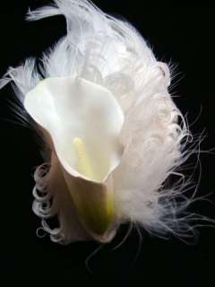 Bright White Calla Lily Flower 3   Feathers 6 Alligator Clip