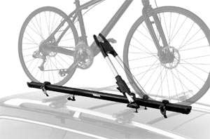   Thule Big Mouth Upright Rooftop Bicycle Carrier mounted on a car rack