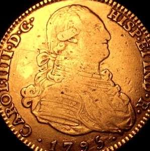 LARGER DIAMETER THAN $10 GOLD 1795 SPANISH GOLD 4 ESCUDOS COLONIAL ERA 