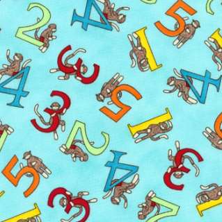 Moda 5 Funky Monkeys Sock Monkey Counting Blue Cotton Flannel Fabric 