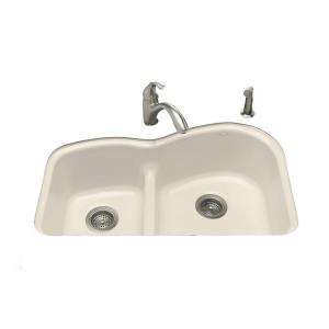   33 in. x 22 in. x 9.625 in. 5 Hole Double Bowl Kitchen Sink in Almond