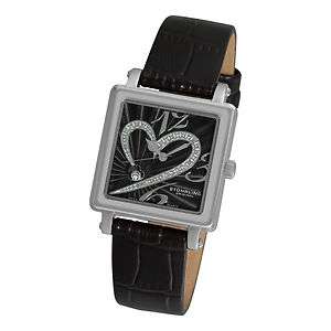   Courtly Passion Heart Swiss SS Case Black Leather Womens Watch  