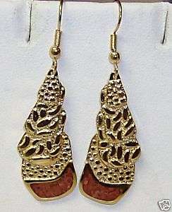 VINTAGE EARRINGS   GOLD TONE W/ INLAID CORAL  