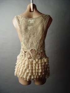   Crochet Embroidered Lace Tiered Chiffon Ruffle Open fp Vest M  