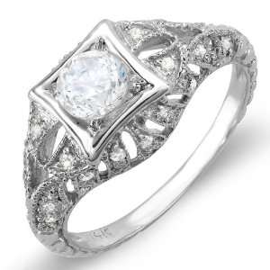 14K White Gold Round White Diamond Semi Mount Engagement Antique Ring 