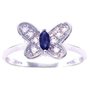 14K White Gold Marquis and Diamond Butterfly Ring Blue Sapphire, size5