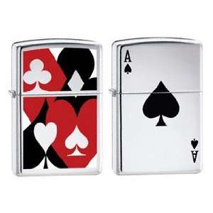 Zippo Lighter Set   Lucky Ace and Suited High Polish Chrome Pack of 2