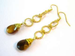Tiger Eye Faceted Briolette Gold Twisted Ring Earrings  