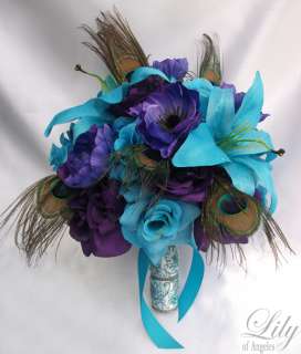 17pcs Wedding Bridal Bouquet Flower Decoration PEACOCK Feathers PURPLE 