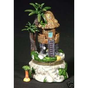  Porcelain Hinged Boxes Tropical Island Palm Tree Tiki Hut 