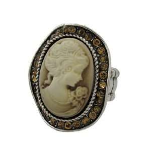   Victorian Style Yellow Rhinestone Accented Cameo Stretch Ring Jewelry