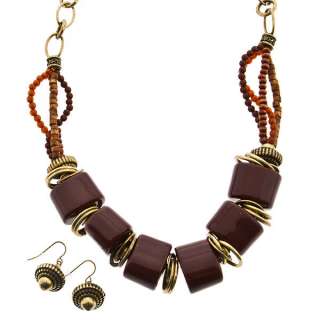   Wood Bead Gold Ring Acorn Chunky Necklace & Dangle Earrings Set  