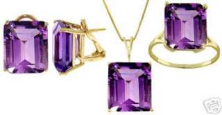 Emerald Cut Natural Amethyst Jewelry Set Necklace Earrings Ring 14K 