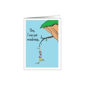  man, cliff, branch, man hanging on branch, cartoon. Card 