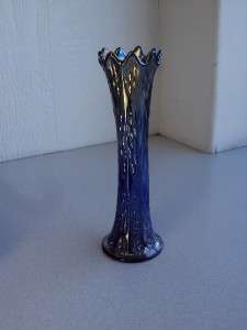 Fenton Knotted Beads Carnival Vase Iridescent Blue Carnival Glass 10.5 