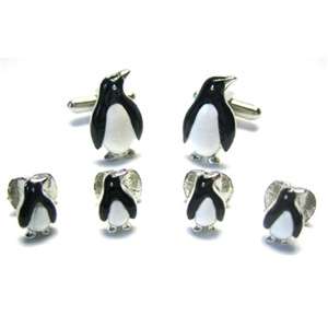 New Silver Penguin Cufflinks & Tux Tuxedo Studs Set  