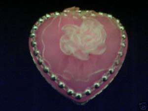 PINK HEART SHAPED TRINKET GLASS JEWELRY BOX W/MIRROR  