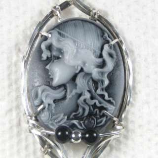 Grecian Goddess Cameo Pendant Sterling Silver Onyx  
