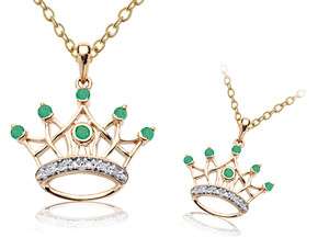 Natural Emerald & diamond Gold Crown Pendant & Chain  
