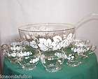 LOVELY PUNCH BOWL SET   CLEAR CRYSTAL with WHITE GRAPES & LEAVES 