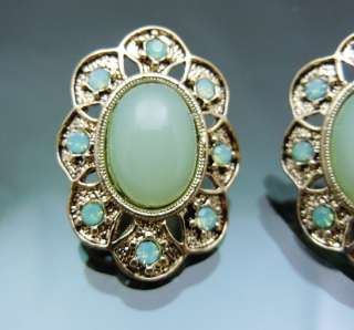   Antique Darken Gold GP Oval Opal Jade Swarovski crystal Earrings 3cm