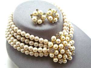Bridal Wedding Jewelry Set Necklace Crystal Rhinestone Pearl Gold 