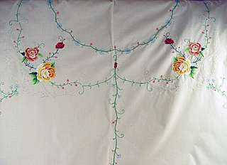 Vintage Tablecloth Oval Ecru Embroidered Roses Scalloped Edges  