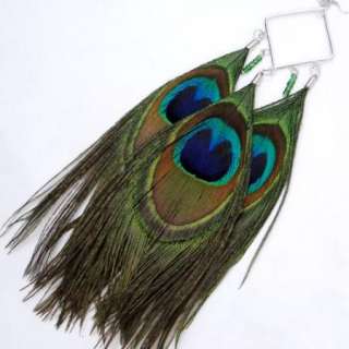 Fashion Rhomb Bead Bird Peacock Feather Dangle Earring  