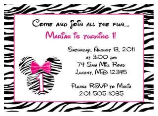   MOUSE ZEBRA HEAD BIRTHDAY PARTY INVITATION BLACK AND HOT PINK DESIGN