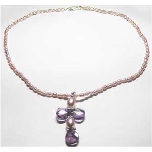  Genuine Pink Pearl And Crystal Pendent Necklace Jewelry