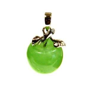  Green Jade Sterling Silver Apple with Leaves Pendant Necklace 