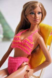 Barbie Doll Swimsuit Bikini Two Piece Pink Yellow Knit  