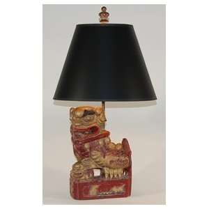  Asian Carved Red & Gold Wood Foo Dog Table Lamp   Black 
